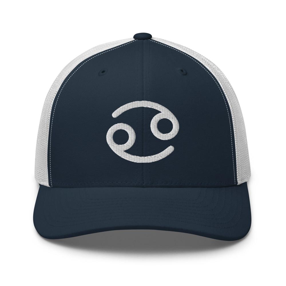 Cancer Zodiac Embroidered Curved Bill Trucker Hat - Navy/White Color - https://ascensionemporium.net